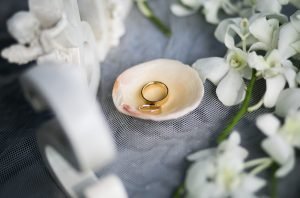 Vestuvių žiedai kriauklėje
